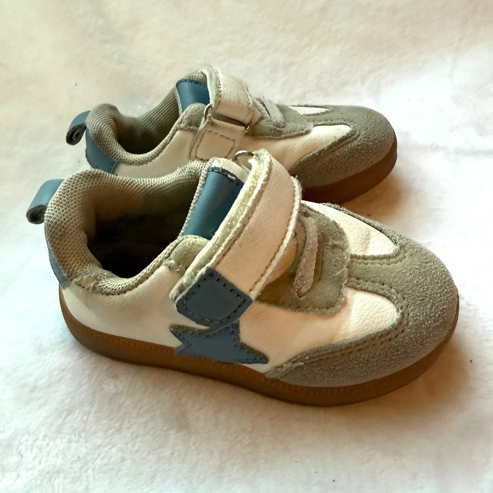 First Steps Toddler Sneakers Size 5 White Gray Blue Lightning Bolt Velcro